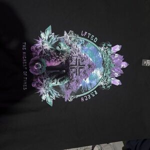 LRG Black Crewneck Sweater with Purple and Blue Graphic